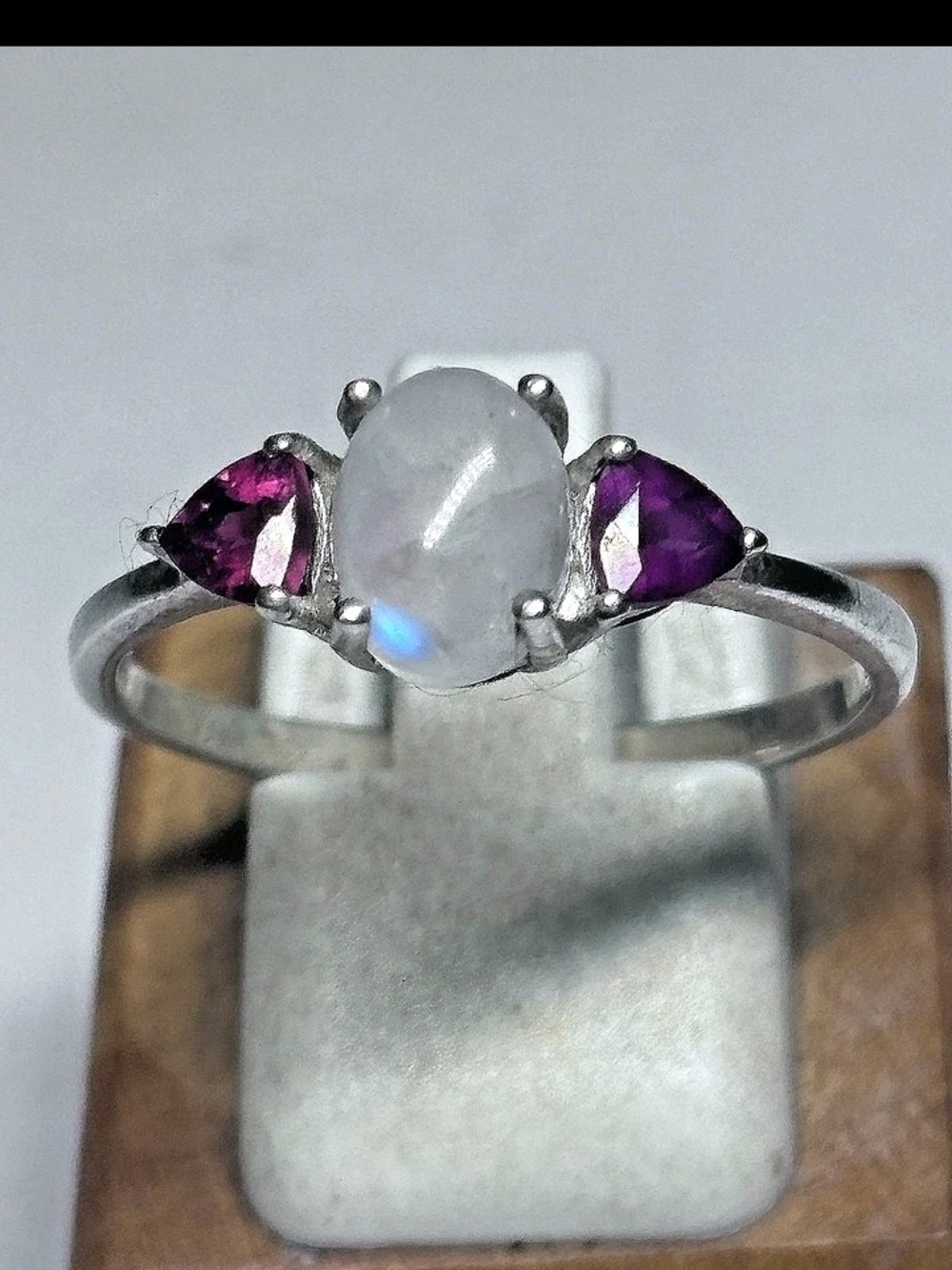 Sterling Silver Moonstone Ring with Purple Accent Stones